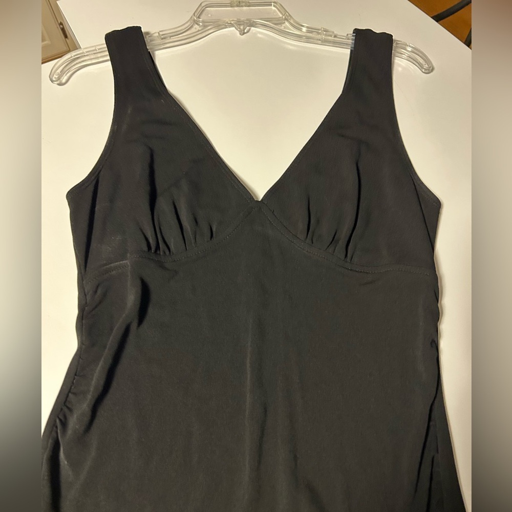 BCBG Black Tank Princess Cut Ruffle Hem Midi Dress with give and stretch.  Sz S - Picture 3 of 7